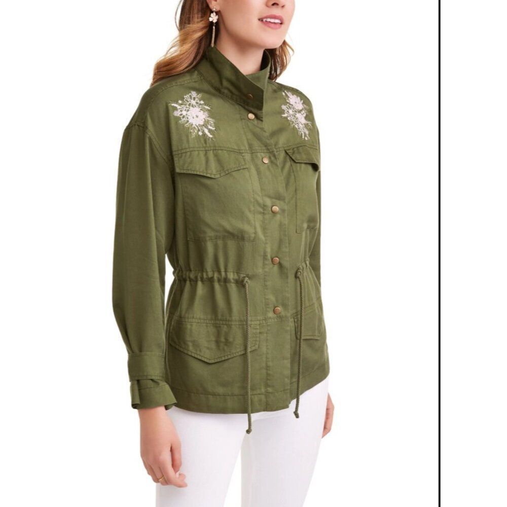 Kelly Renee Women's Long Sleeve Green Floral Embroidered Utility Jacket Size S